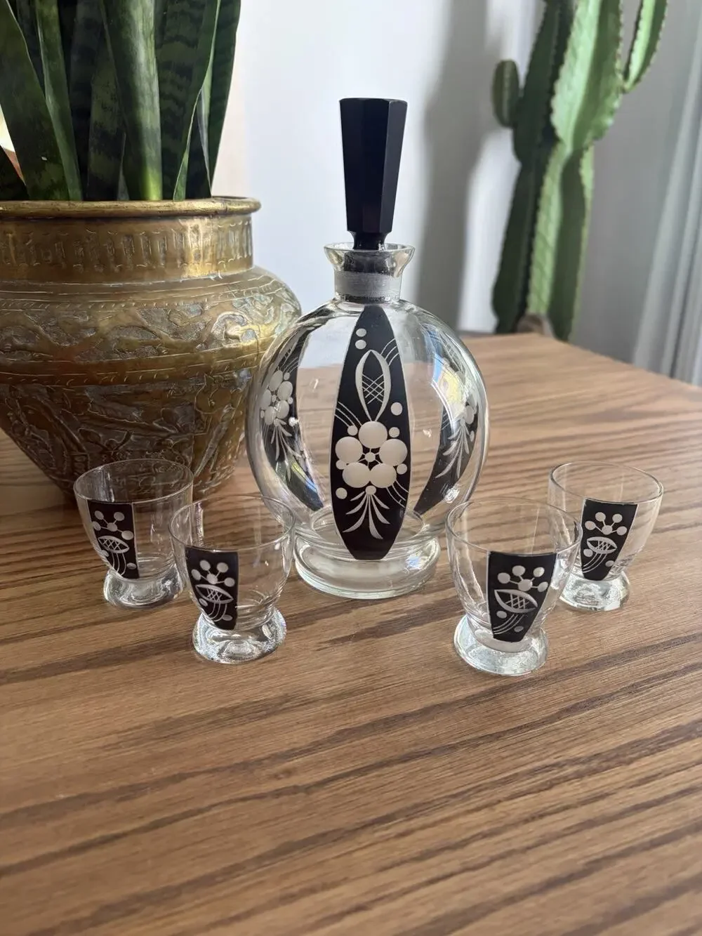 Vintage 1930s Bohemian Glass Decanter Set With Shot Glasses Black Art Deco Glass